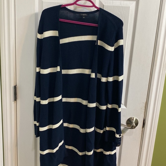 Talbots Sweater Set Womens L P Open Cardigan and Tank Knit Blue Stripe Preppy - Picture 6 of 9
